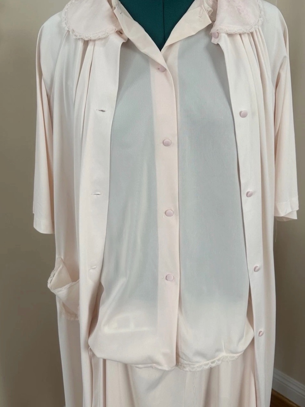Vintage Shadowline Pink Peignoir Set Robe Nightgown Large Nylon Lace Lingerie